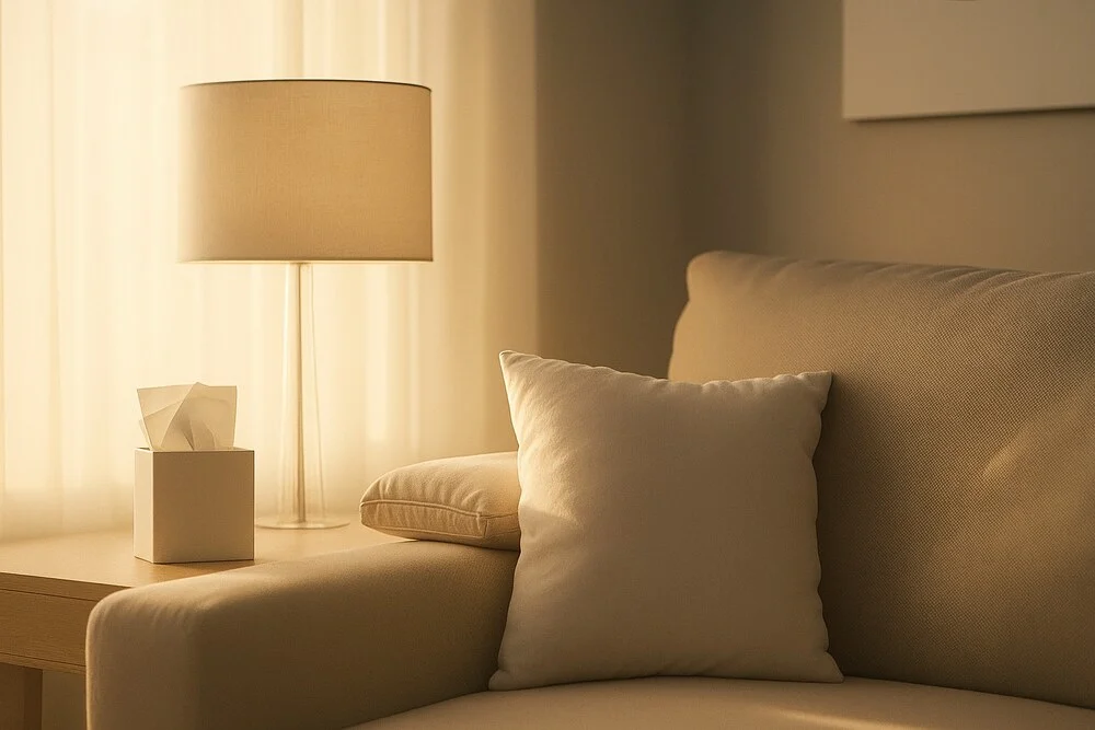 Un living room si o cutie de servetele