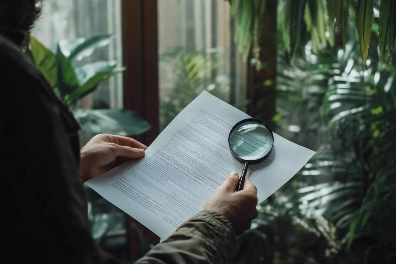 Persoană citind un document și inspectând cu o lupă
