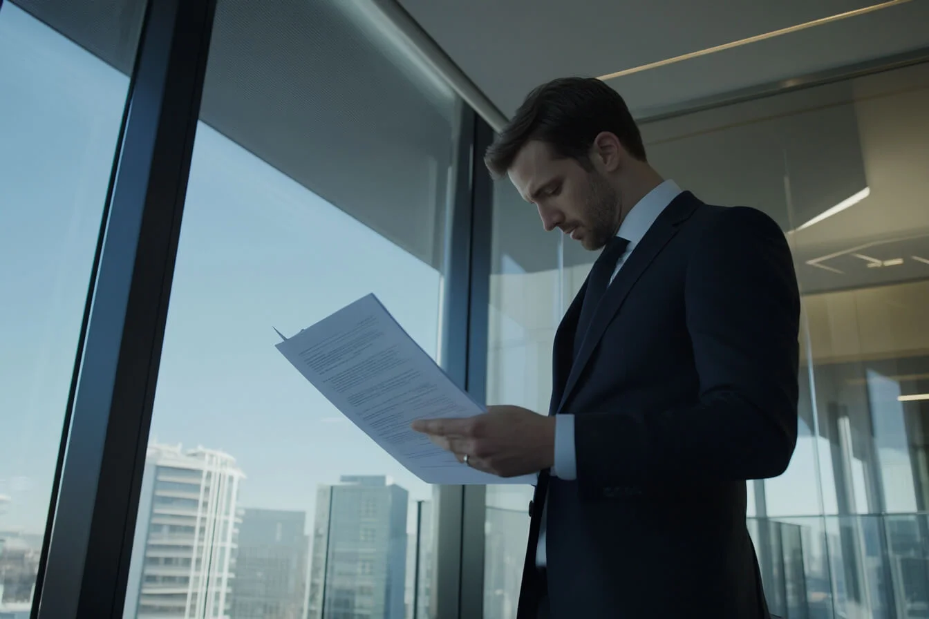 Manager în costum analizând documente lângă fereastră cu vedere la oraș