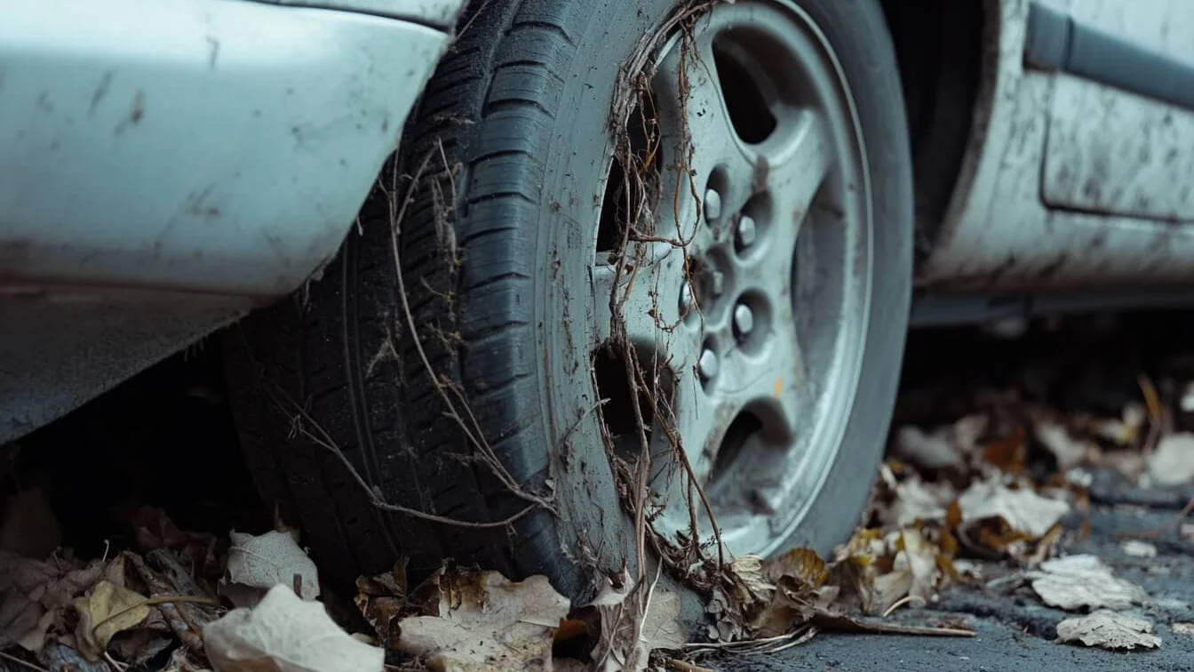 Mașină abandonată cu roata pe pană și buruieni uscate în jur