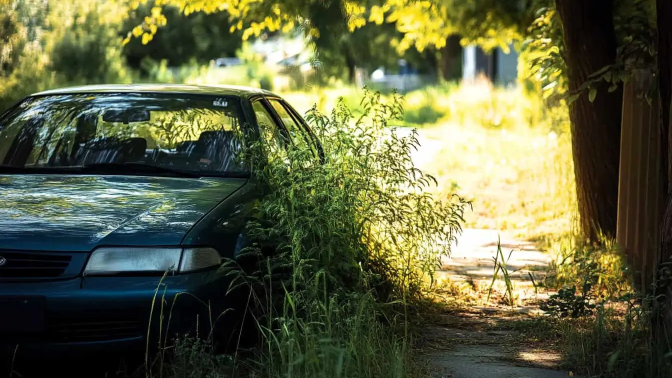 Mașină albastră abandonată pe marginea drumului înconjurată de buruieni crescute