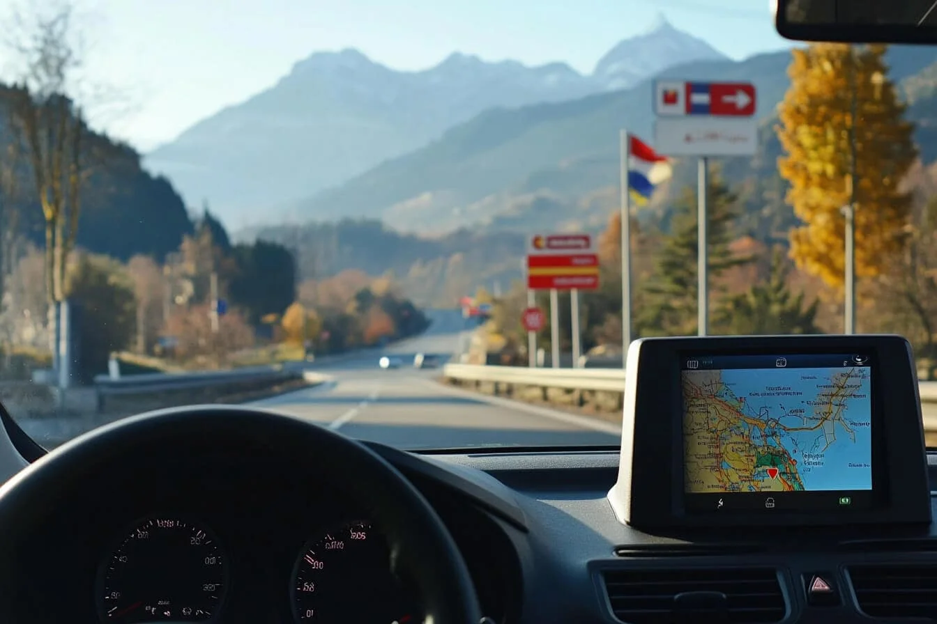 Interior mașină cu GPS pornit pe drum montan, văzând indicatoare de frontieră