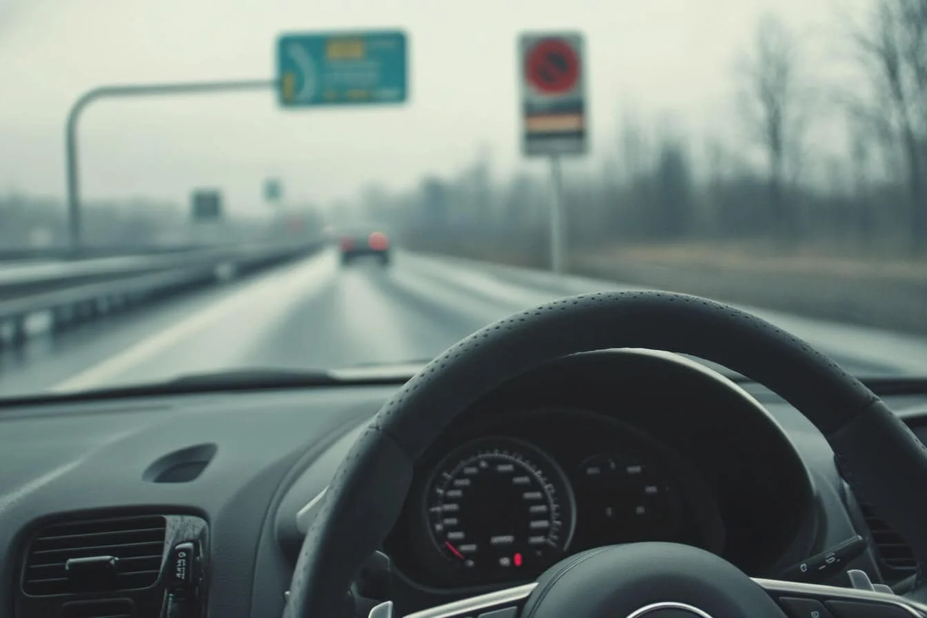 Interior mașină pe autostradă ploioasă, vedere de la volan spre drumul înainte