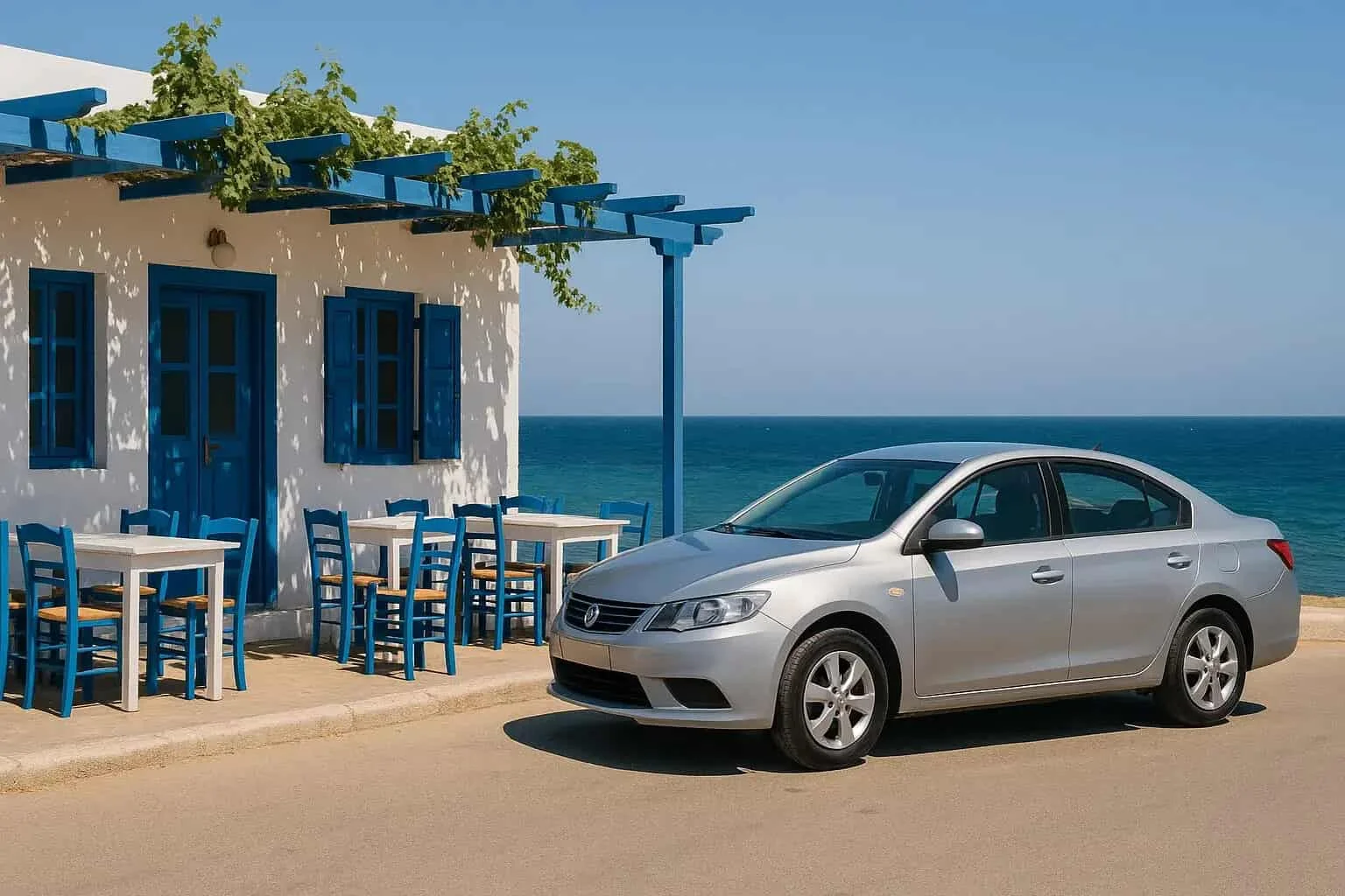 Masina argintie parcata langa o cladire alb albastra specifica greciei