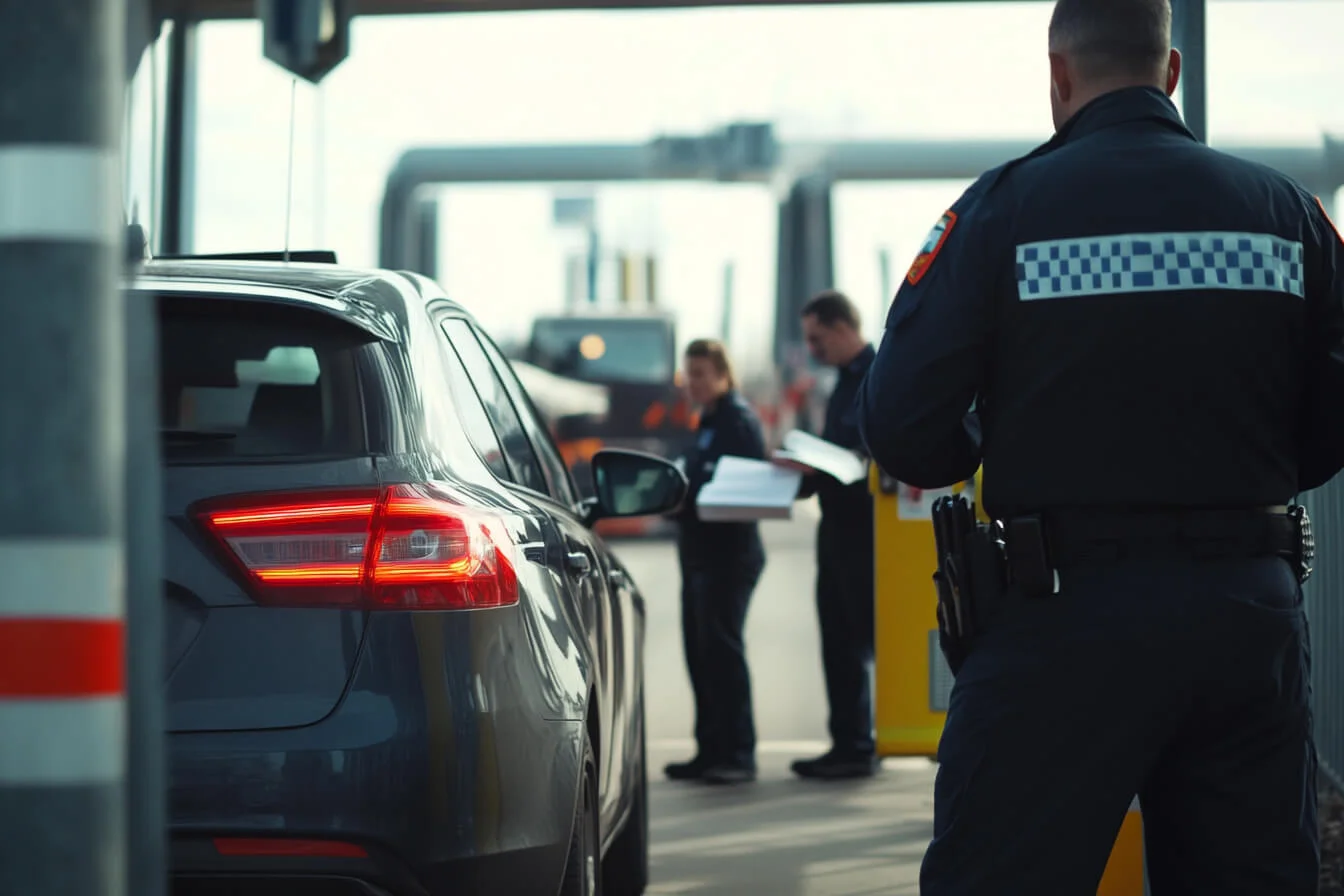 Polițist supraveghind un autoturism la controlul de frontieră