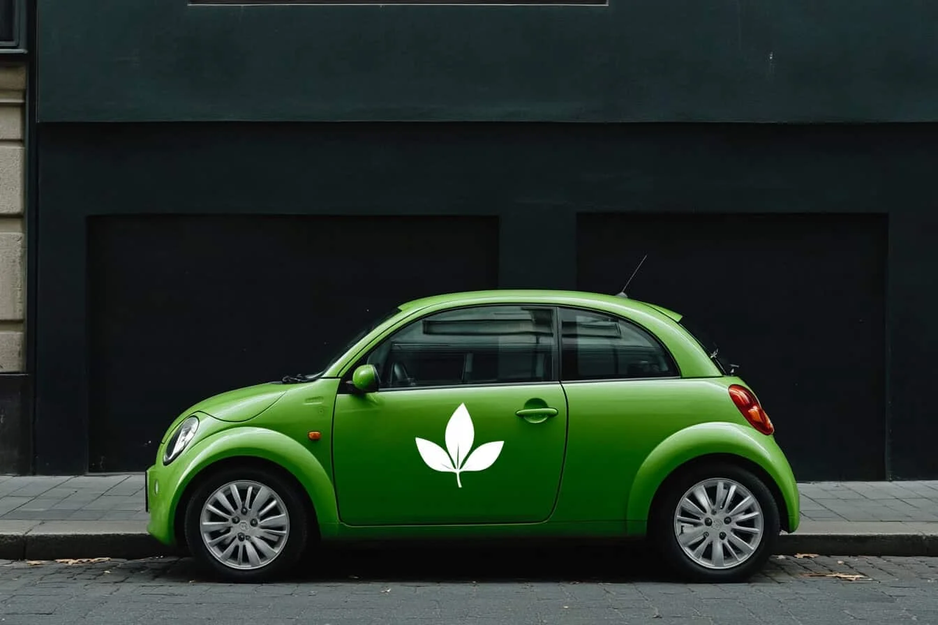 Masina verde cu un simbol in forma unei frunze pe portiera parcata langa o cladire