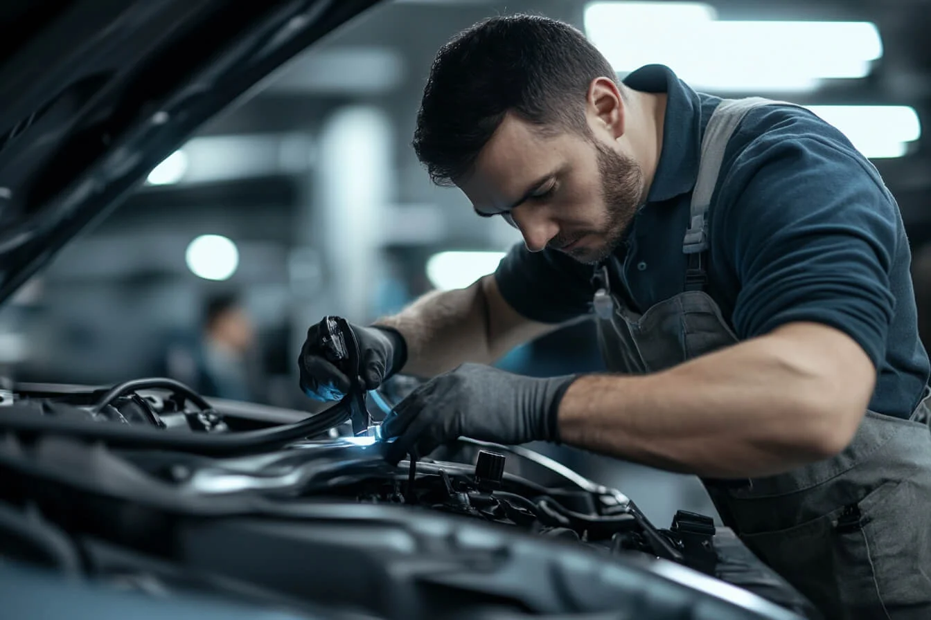 Mecanic specialist inspectând motorul unei mașini cu capota ridicată în service auto