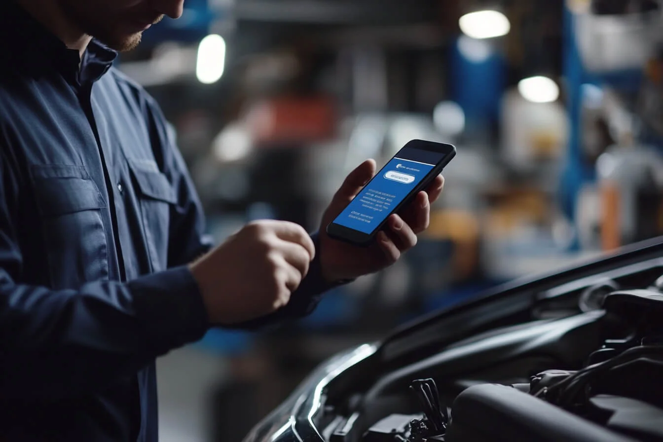 Mecanic verificând istoricul mașinii de pe telefonul mobil într-un service auto