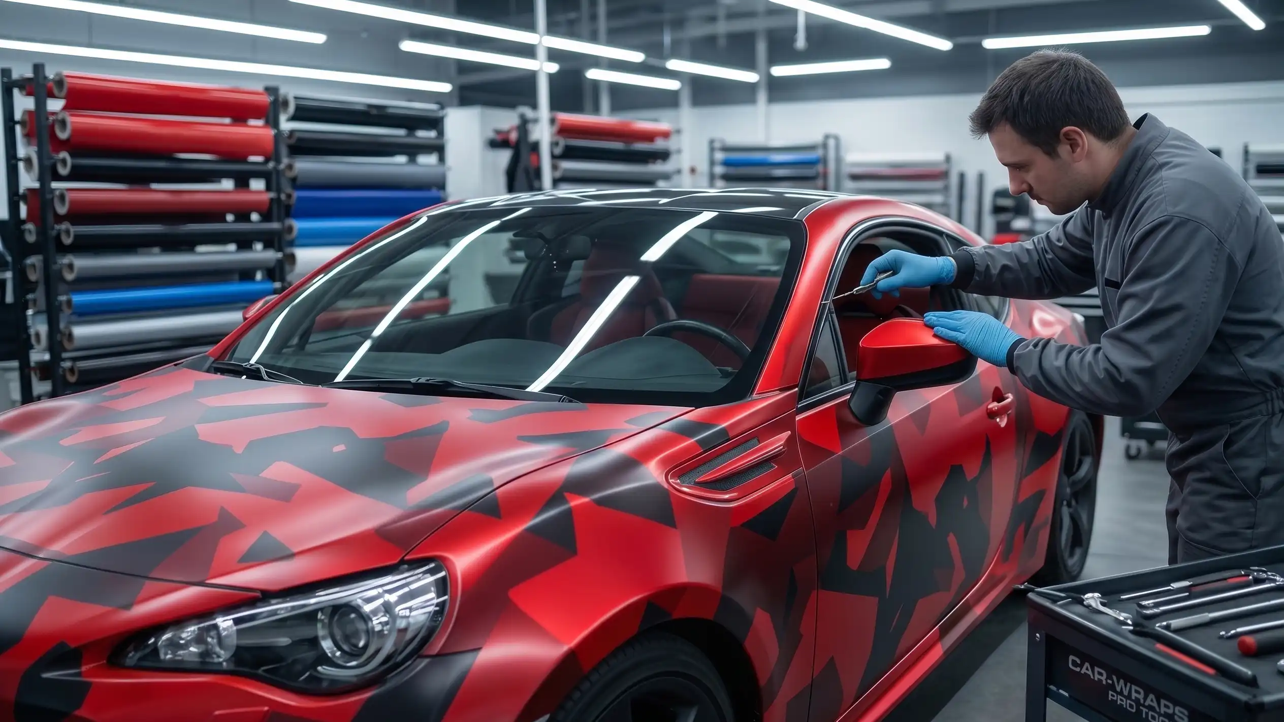 Mecanic verificând mașina după colantare pentru a se asigura că totul este în regulă