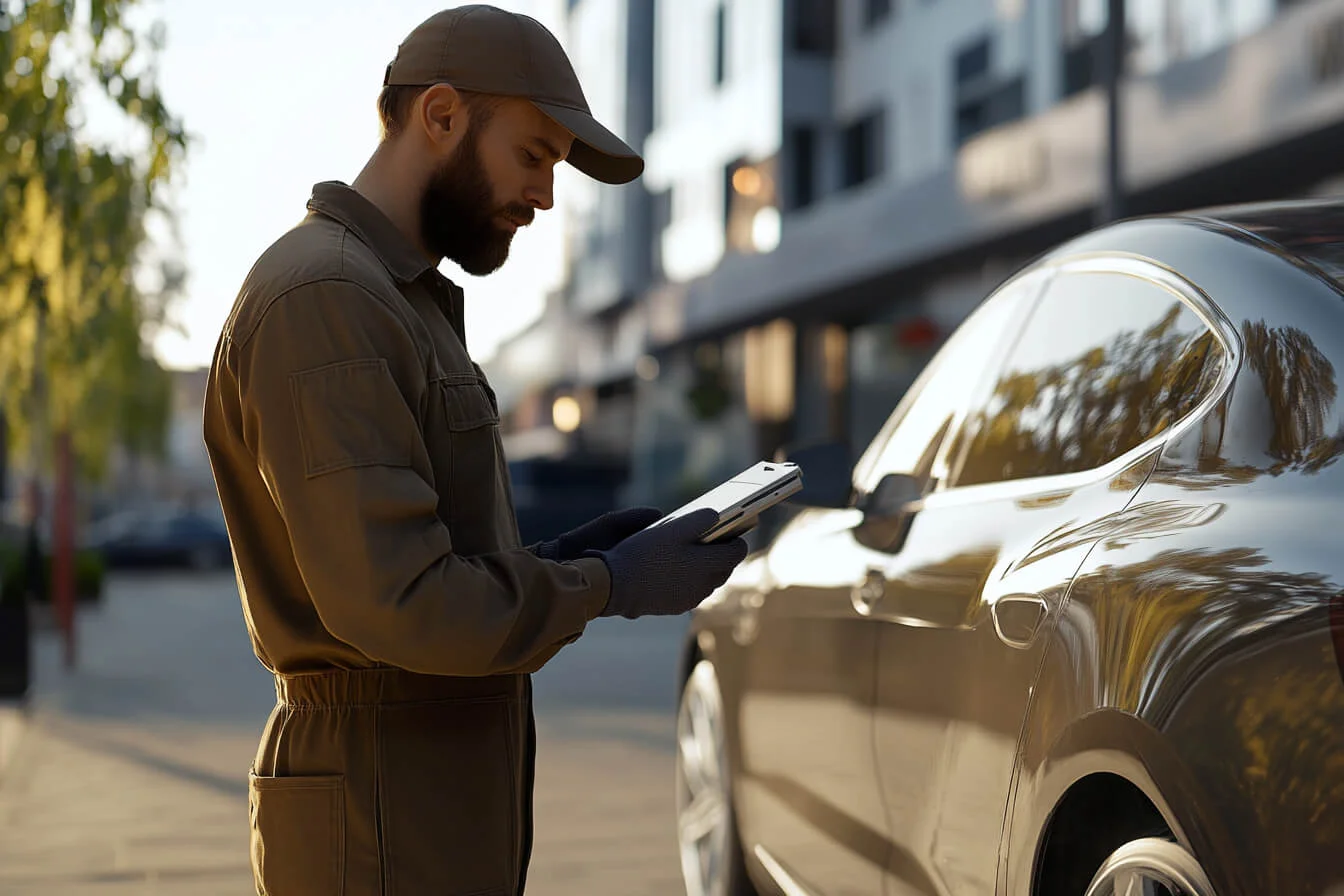 Mecanic verificand masina cu un dispozitiv mobil