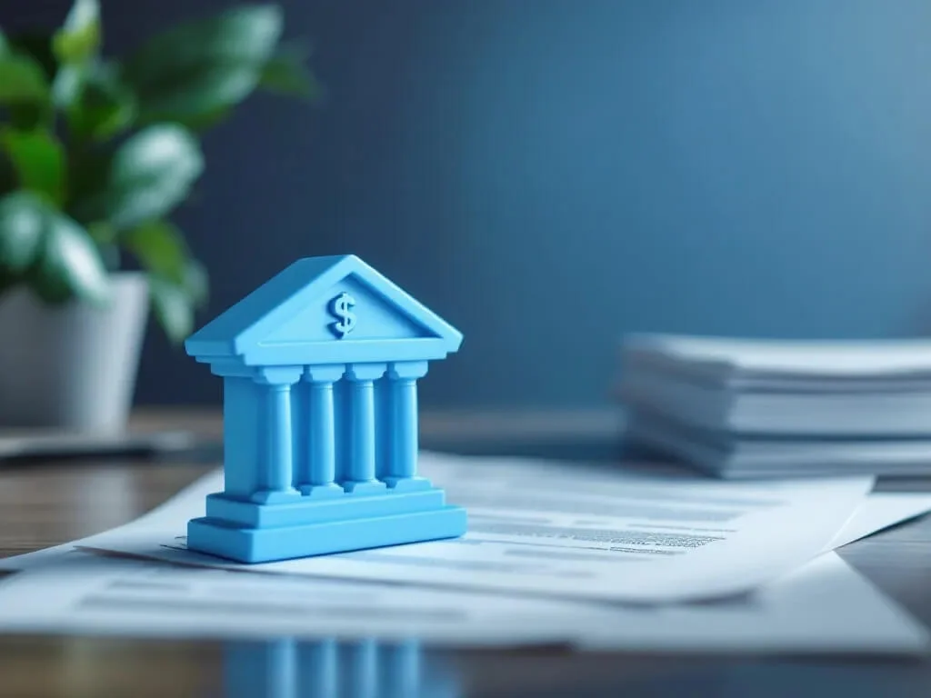 Reprezentare a unei insitutii financiare sub forma unei miniaturi albastre cu coloane si un acoperis triunghiular plasata pe un birou deasupra unor documente oficiale