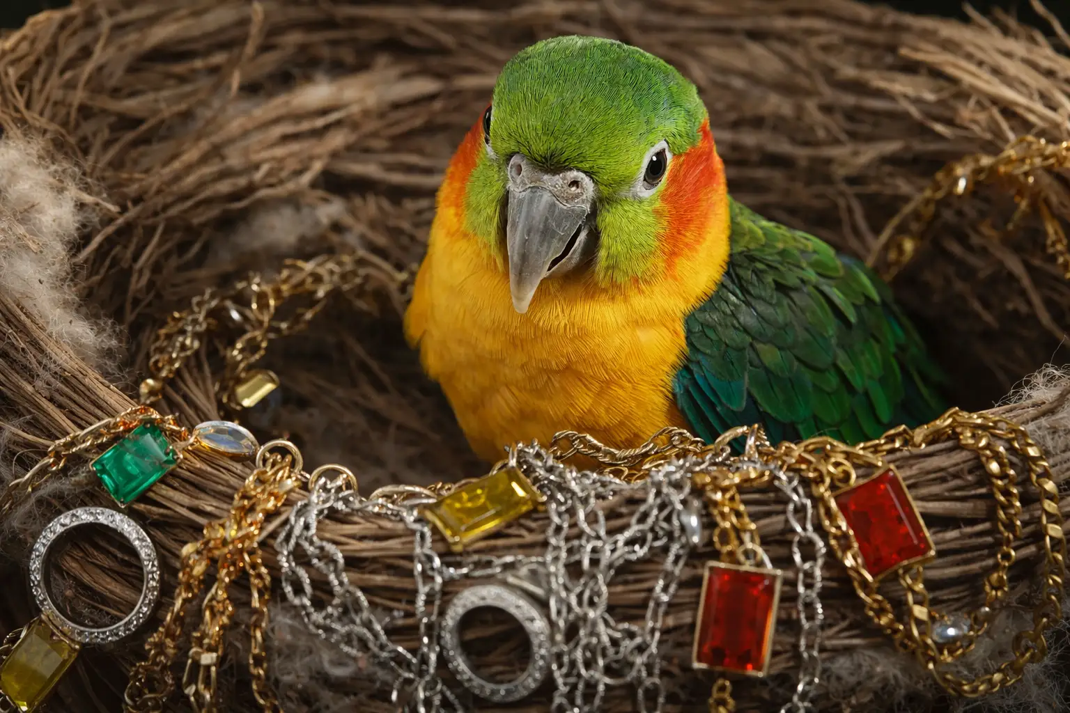 Papagal colorat în cuib înconjurat de bijuterii și lanțuri aurite