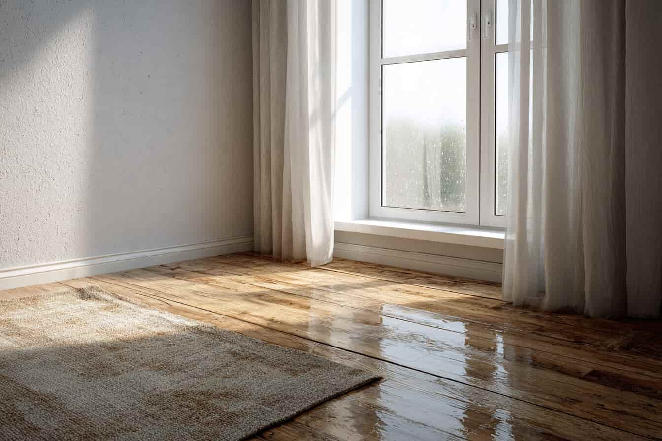 Pardoseala uda langa fereastra cu condens si lumina naturala intr-o camera goala