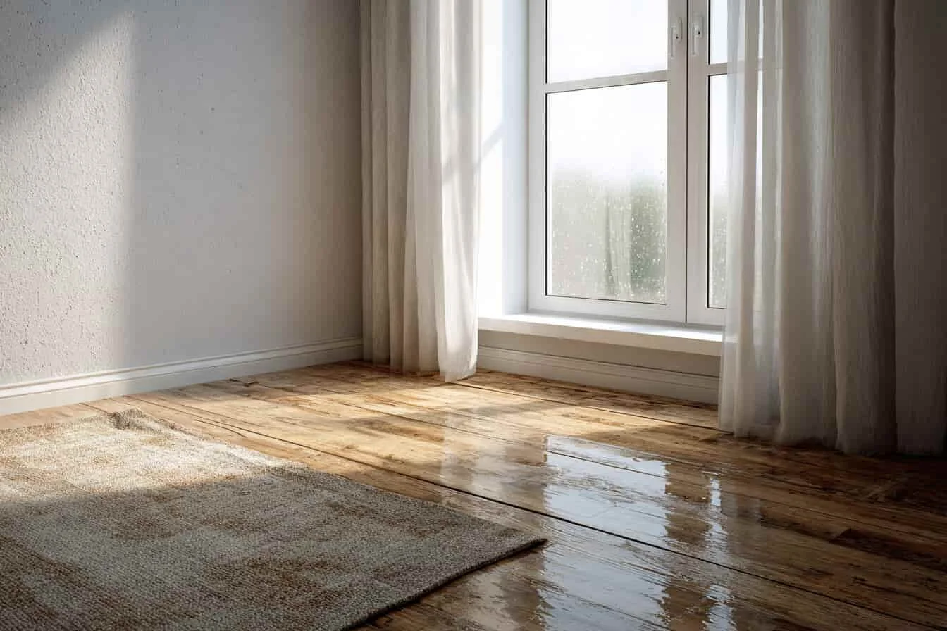 Pardoseala uda langa fereastra cu condens si lumina naturala intr-o camera goala