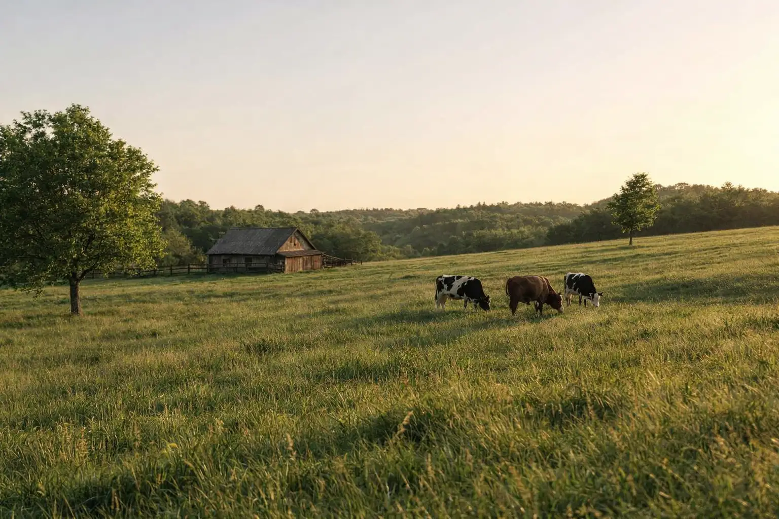 Peisaj rural cu hambar și vaci pășunând pe câmp însorit