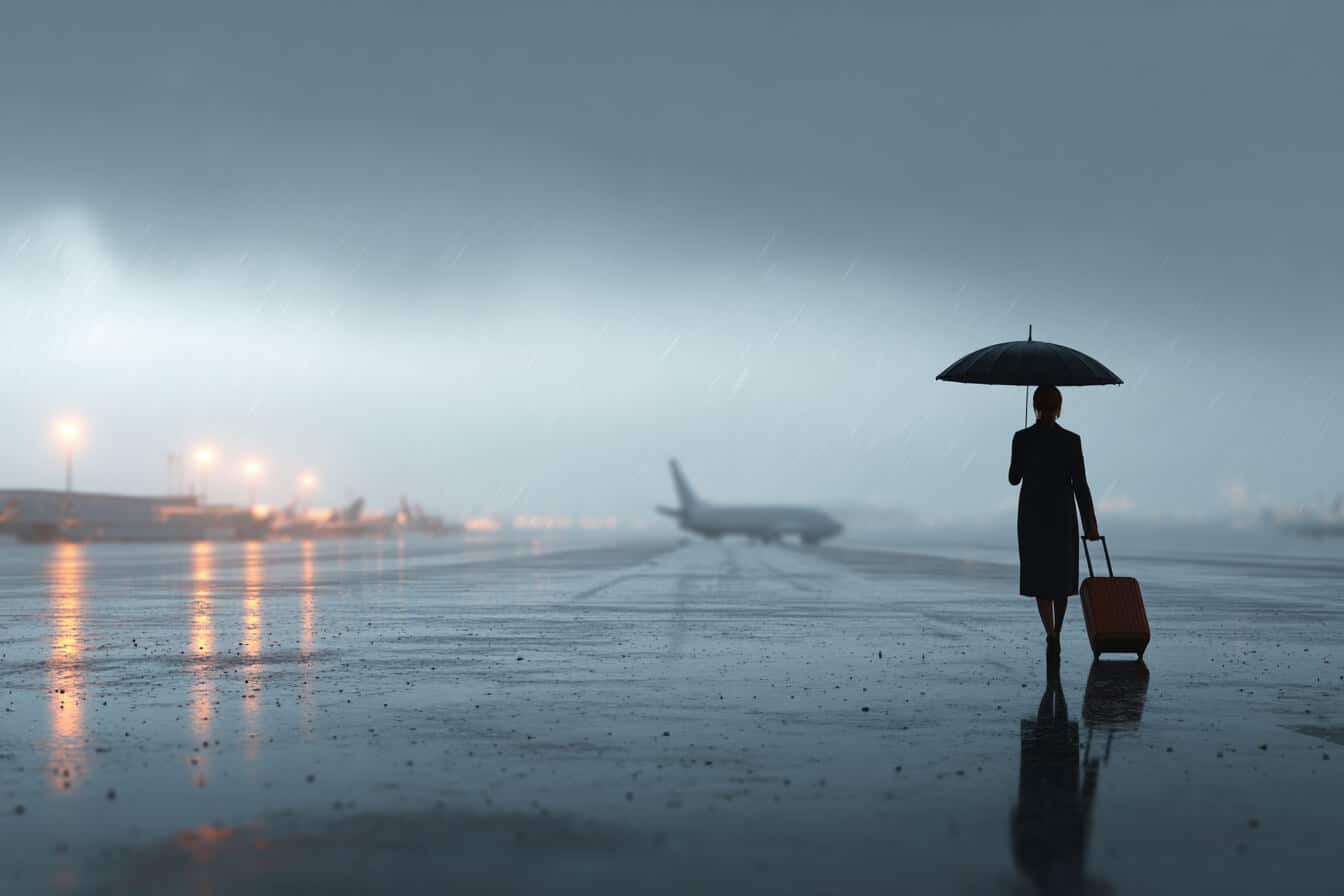 Persoana cu umbrela neagra pe pista unui aeroport, tragand un troler, cu un avion in fundal