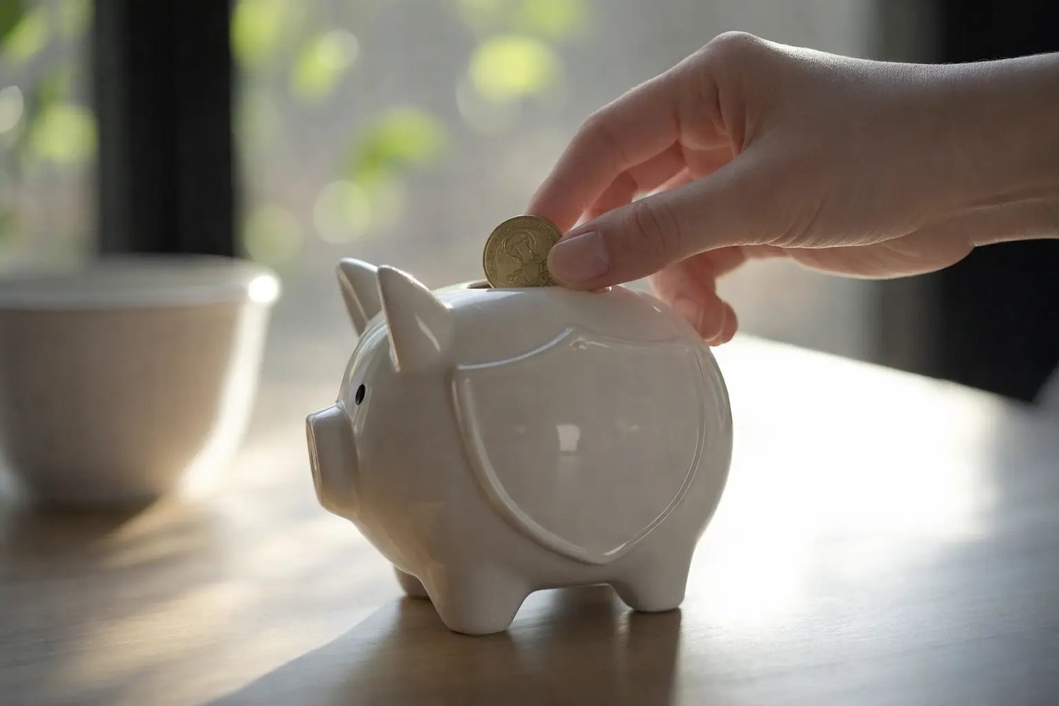 Mână care introduce o monedă într-o pușculiță albă în formă de purceluș