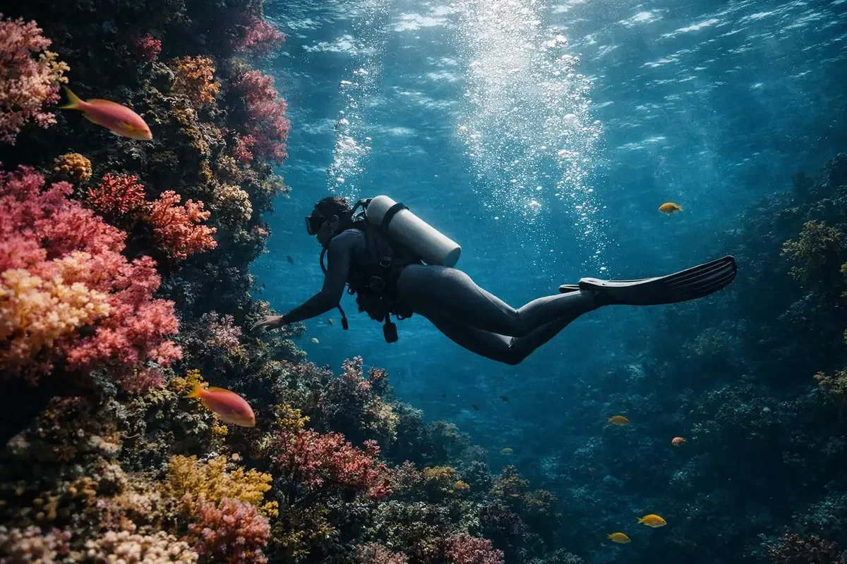 Scafandru înotând lângă un recif de corali colorat