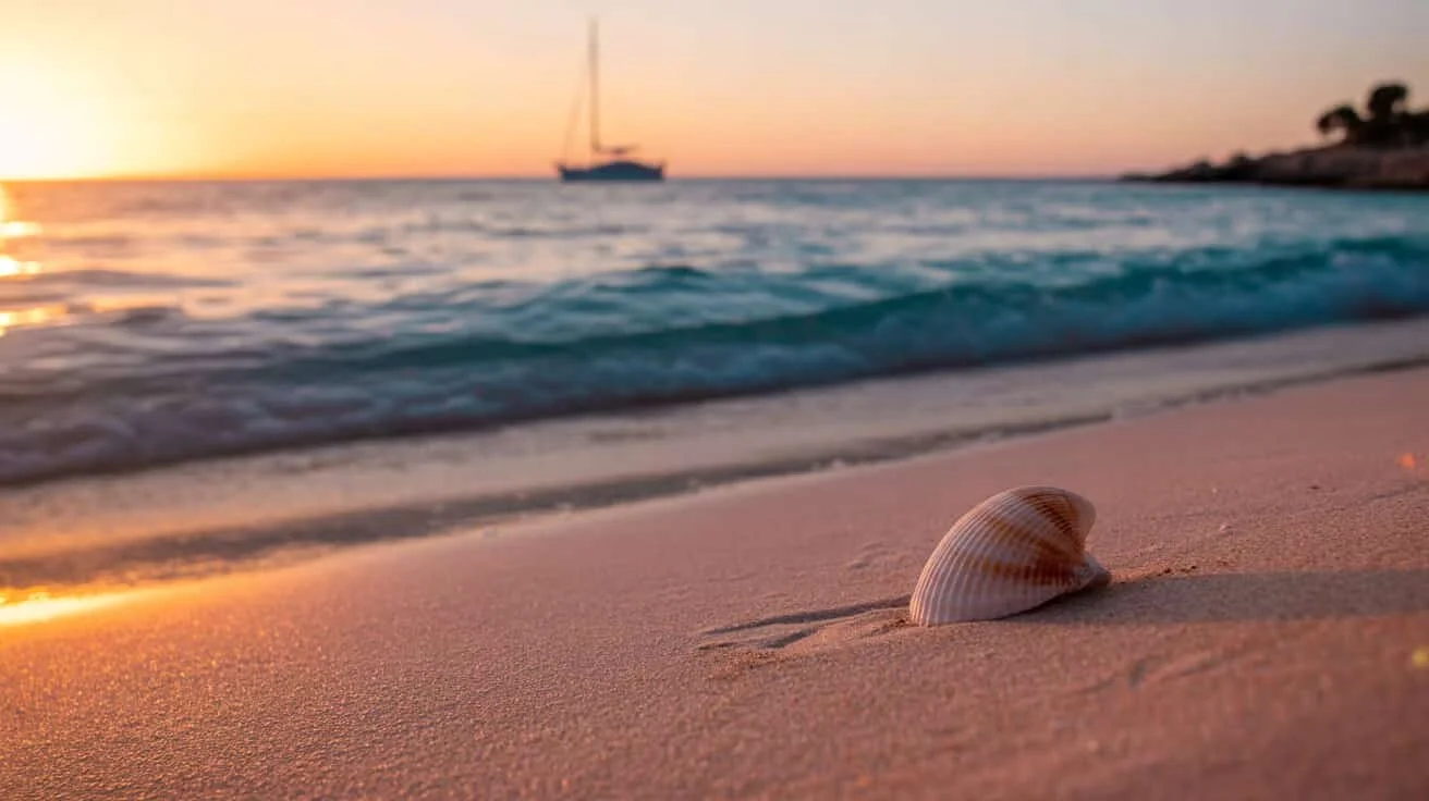 Coaja de scoica pe nisip rozaliu cu valuri blande si o barca la orizont