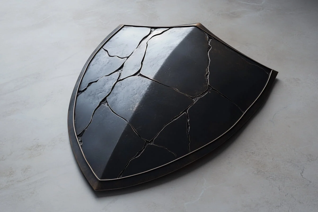 Scut negru din piatră crăpat, simbolizând protecția compromisă