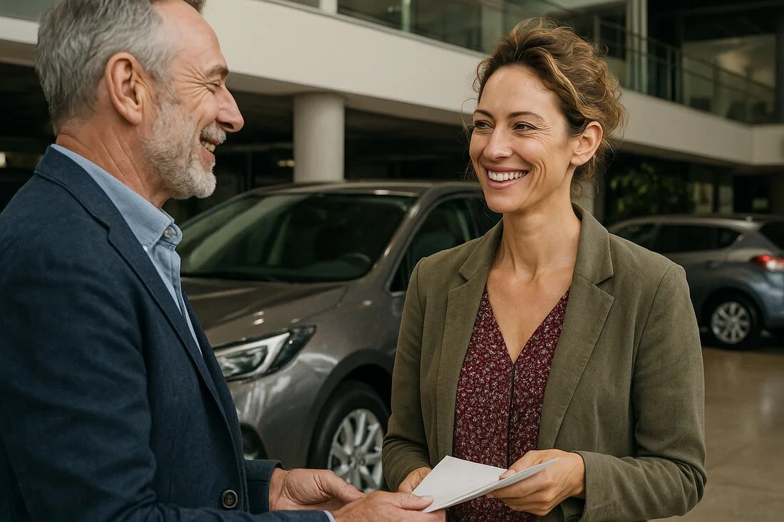 Un barbat si o femeie care zambesc tinand in maini documente intr-un showroom auto