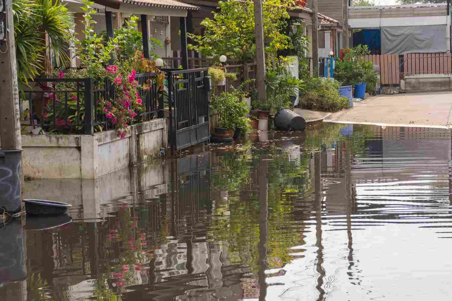 Apa care acopera trotuarele caselor pe margine plin de plante si obiecte rasturnate