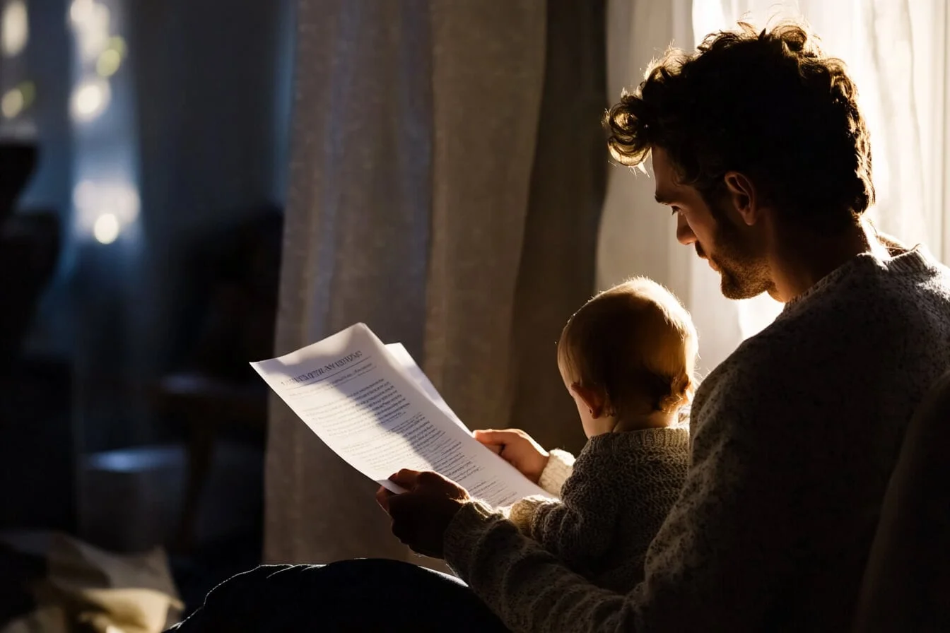 Un tata revizuind politele cu copilul in brate