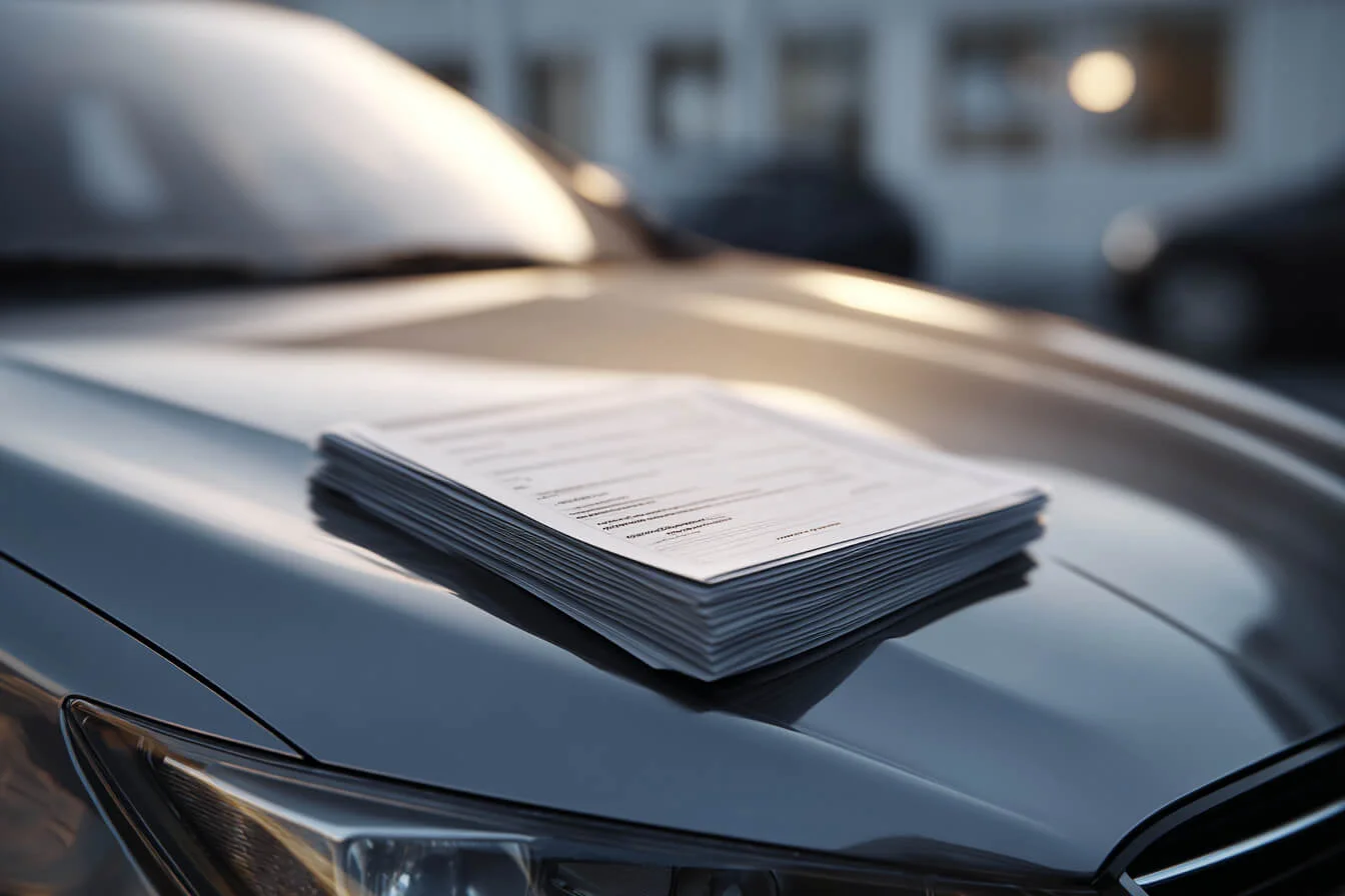 Teanc de documente tiparite asezate pe capota unei masini de culoare gri