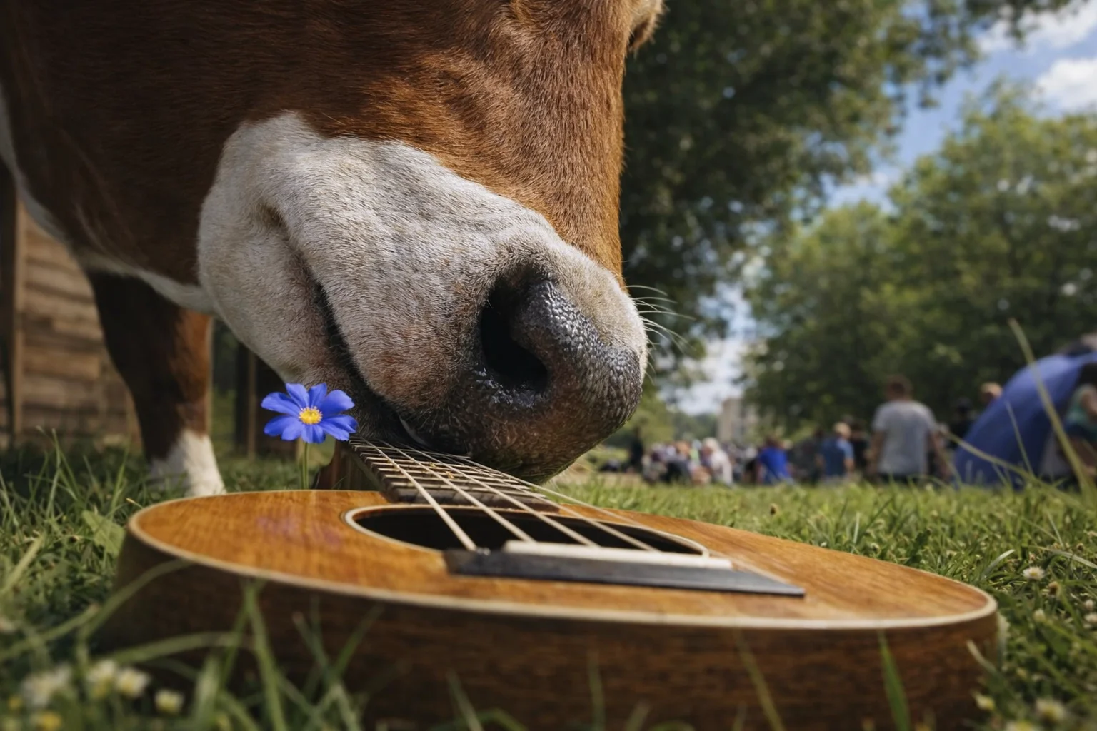 Vacă care adulmecă o chitară lăsată pe iarbă la un festival în aer liber