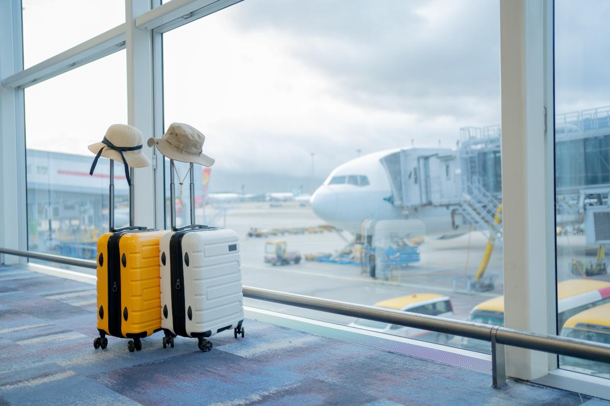 Doua trollere cu palarii stau langa o fereastra de pe care se vede un avion