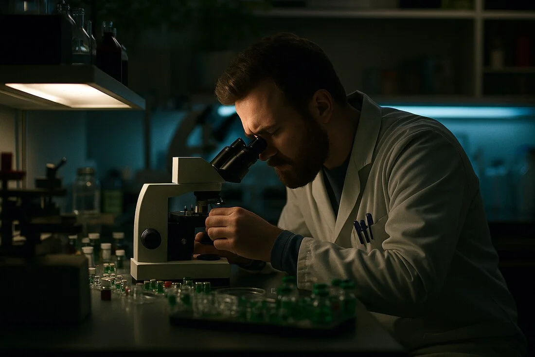 Barbat analizand probe la microscop