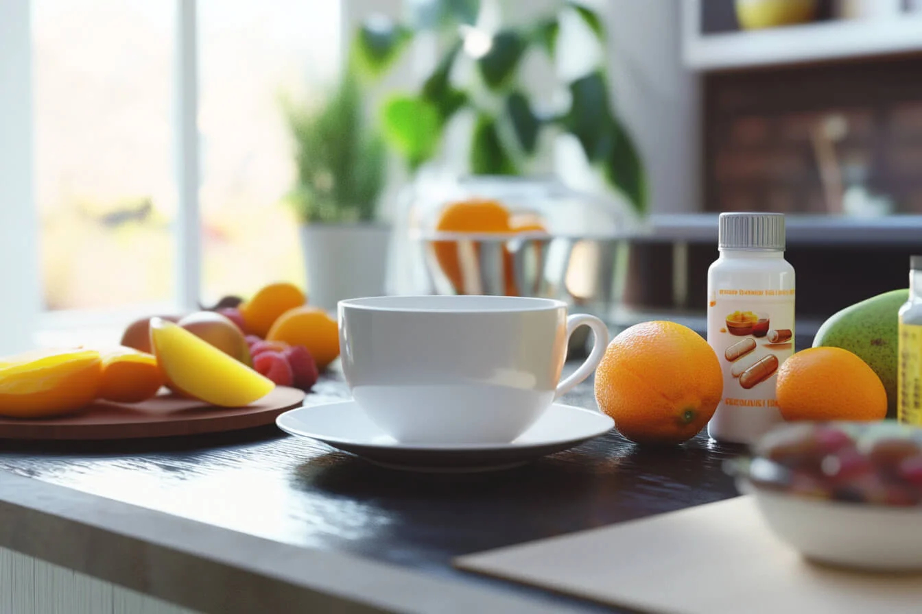 Ceașcă de ceai, fructe proaspete și suplimente de vitamine pe un blat de bucătărie