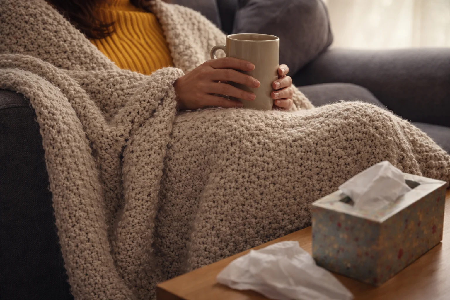 Femeie învelită în pătură caldă, ținând o cană de ceai, cu servetele pe masă