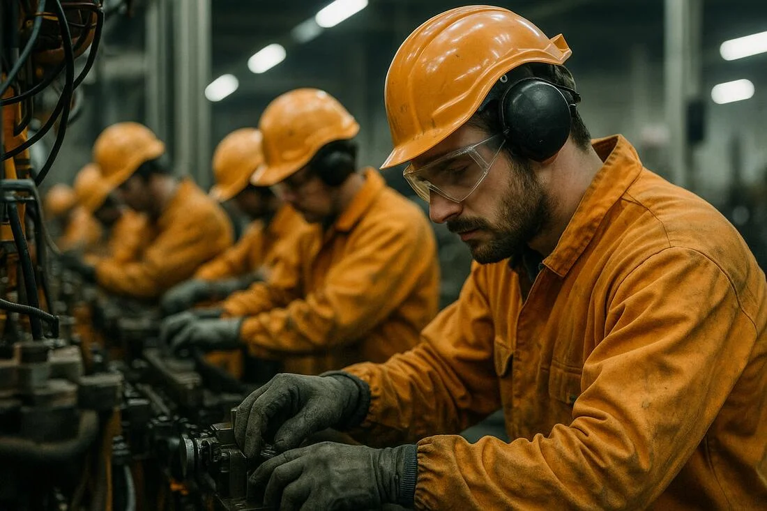 Lucratori intr-o fabrica