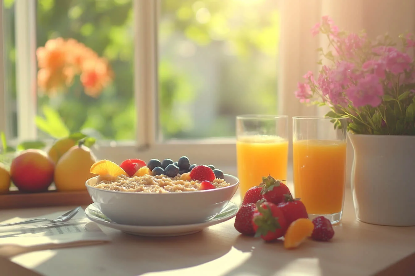 Fulgi de ovaz cu fructe si pahare cu suc de portocale