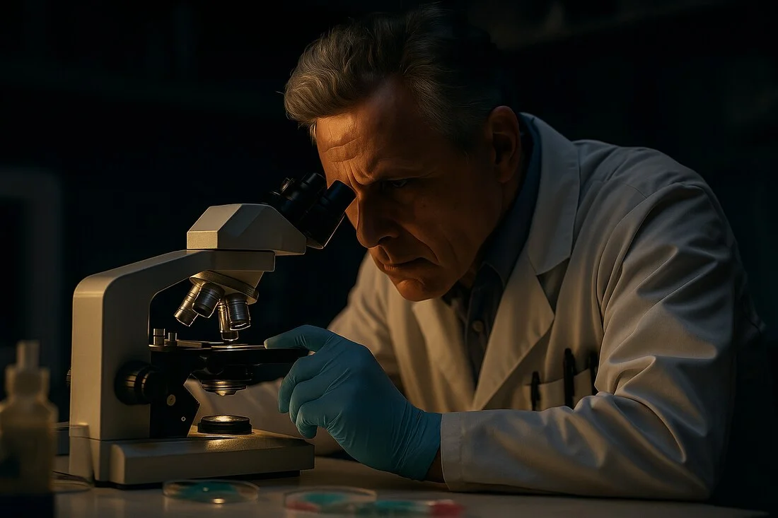 Un medic examinand celule la microscop