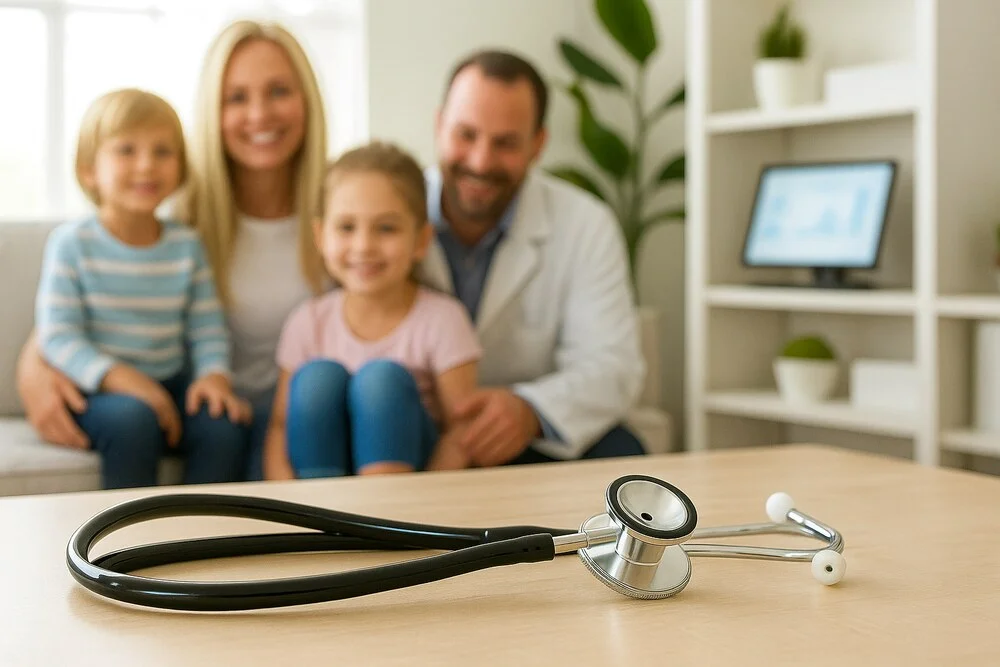 Stetoscop si familie vesela in fundal