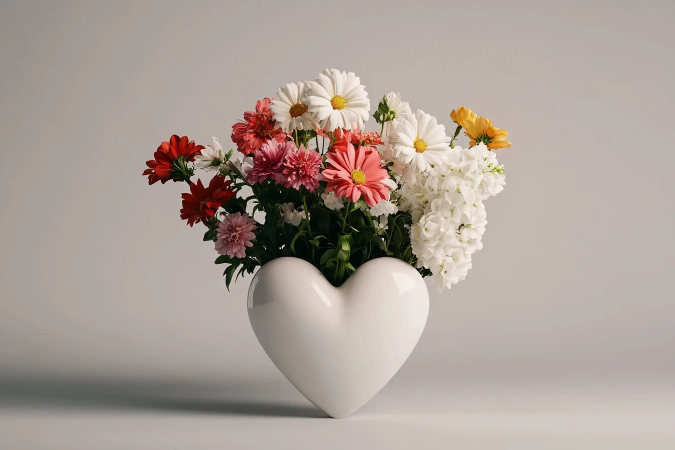O vaza in forma de inima cu flori