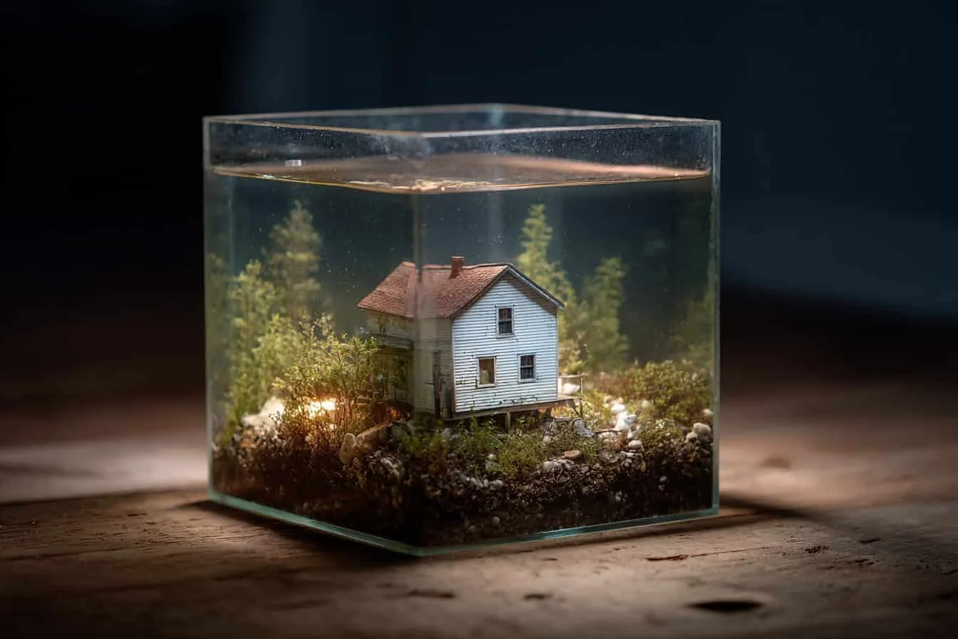 Macheta unei case albe intr-un acvariu cu apa si vegetatie