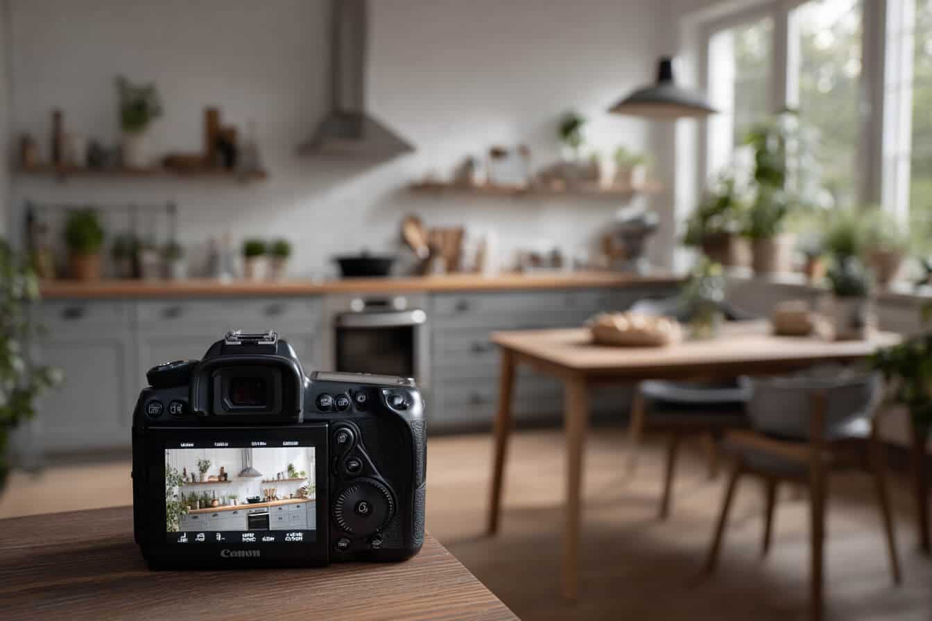 Aparat foto profesional amplasat pe masa cu ecranul aratand o bucatarie luminoasa in fundal