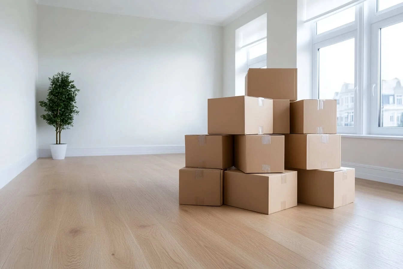 Un apartament gol cu cutii de despachetat