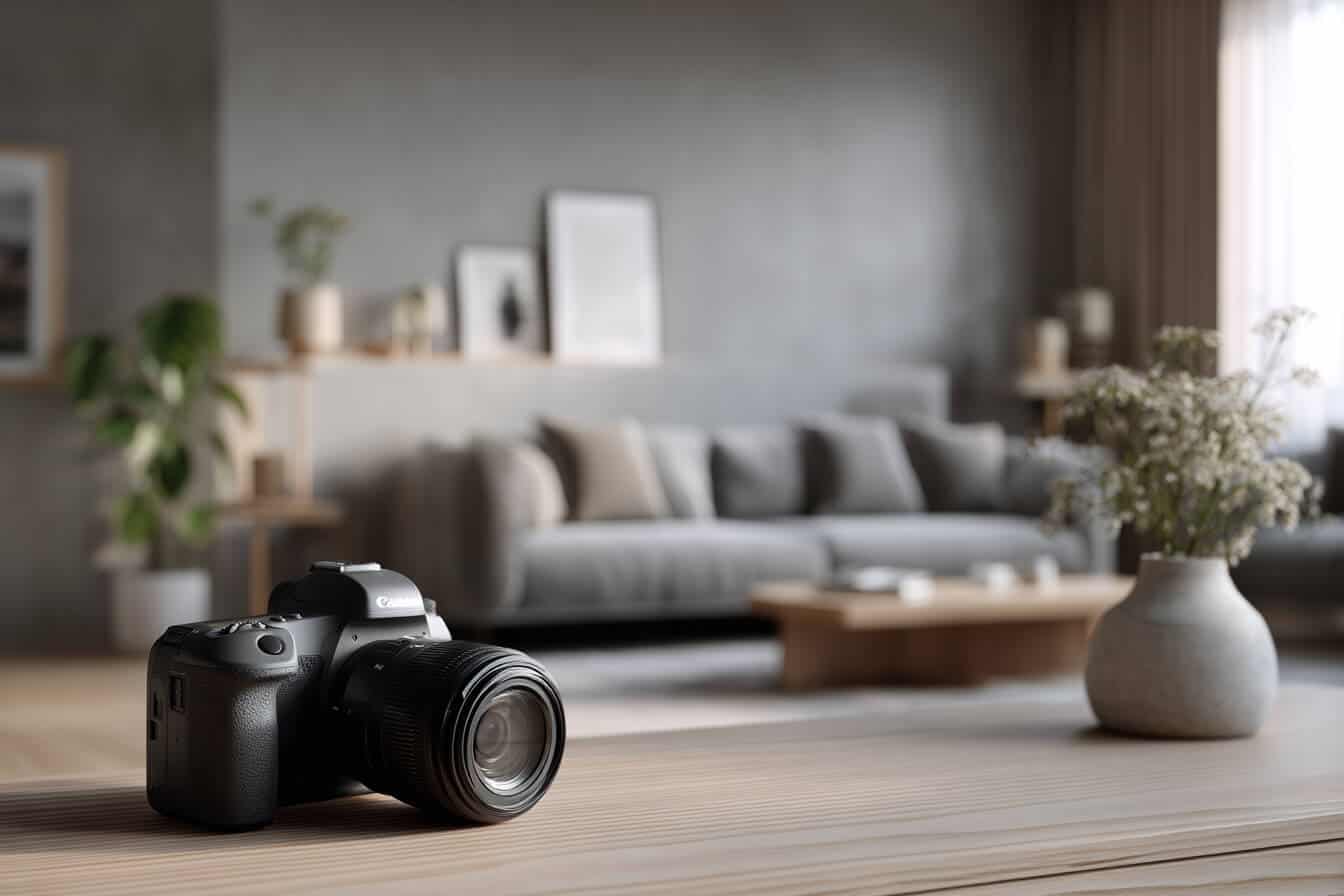 Camera foto pe masa intr-un living modern cu canapea gri, decoratiuni si lumina naturala