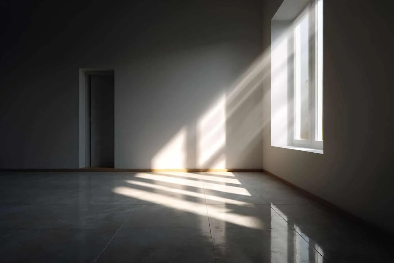 Camera goala cu pereti albi si lumina soarelui intrand prin fereastra