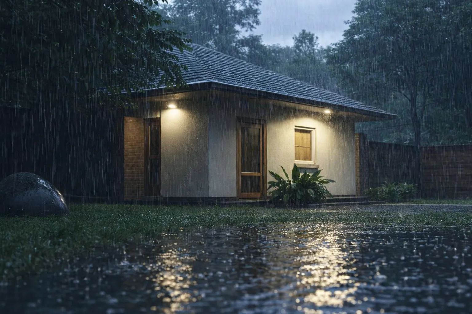 Casă mică iluminată înconjurată de ploaie torențială pe timp de noapte