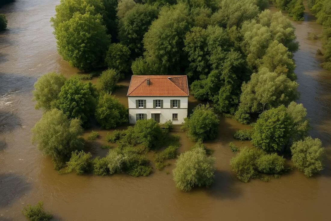 Casa alba cu acoperis rosu izolata inconjurata de apa si copaci intr-o zona afectata de inundatii