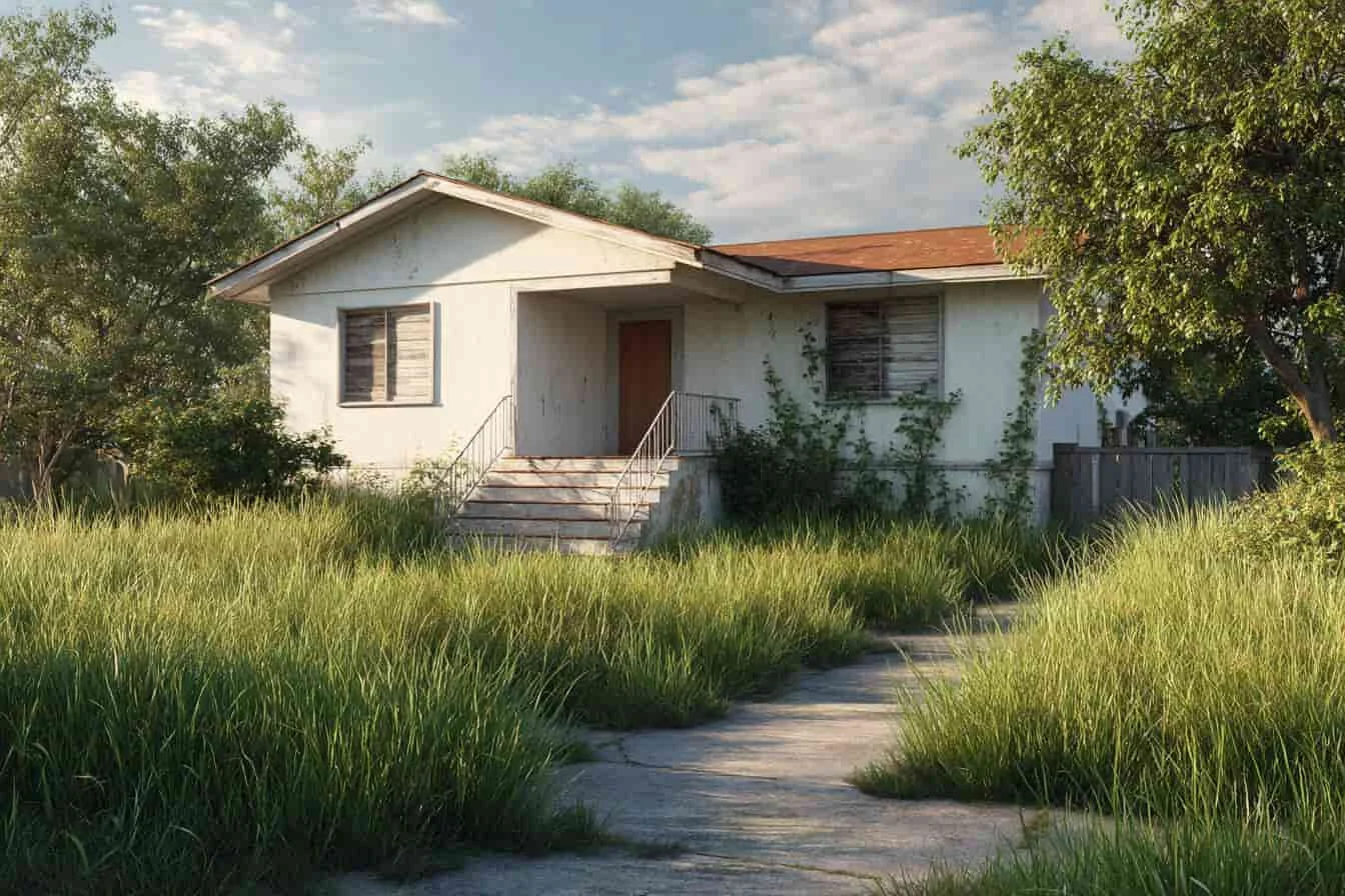 Casa mic alba neingrijita cu ferestre inchise si curte plina de iarba inalta si vegetatie crescuta