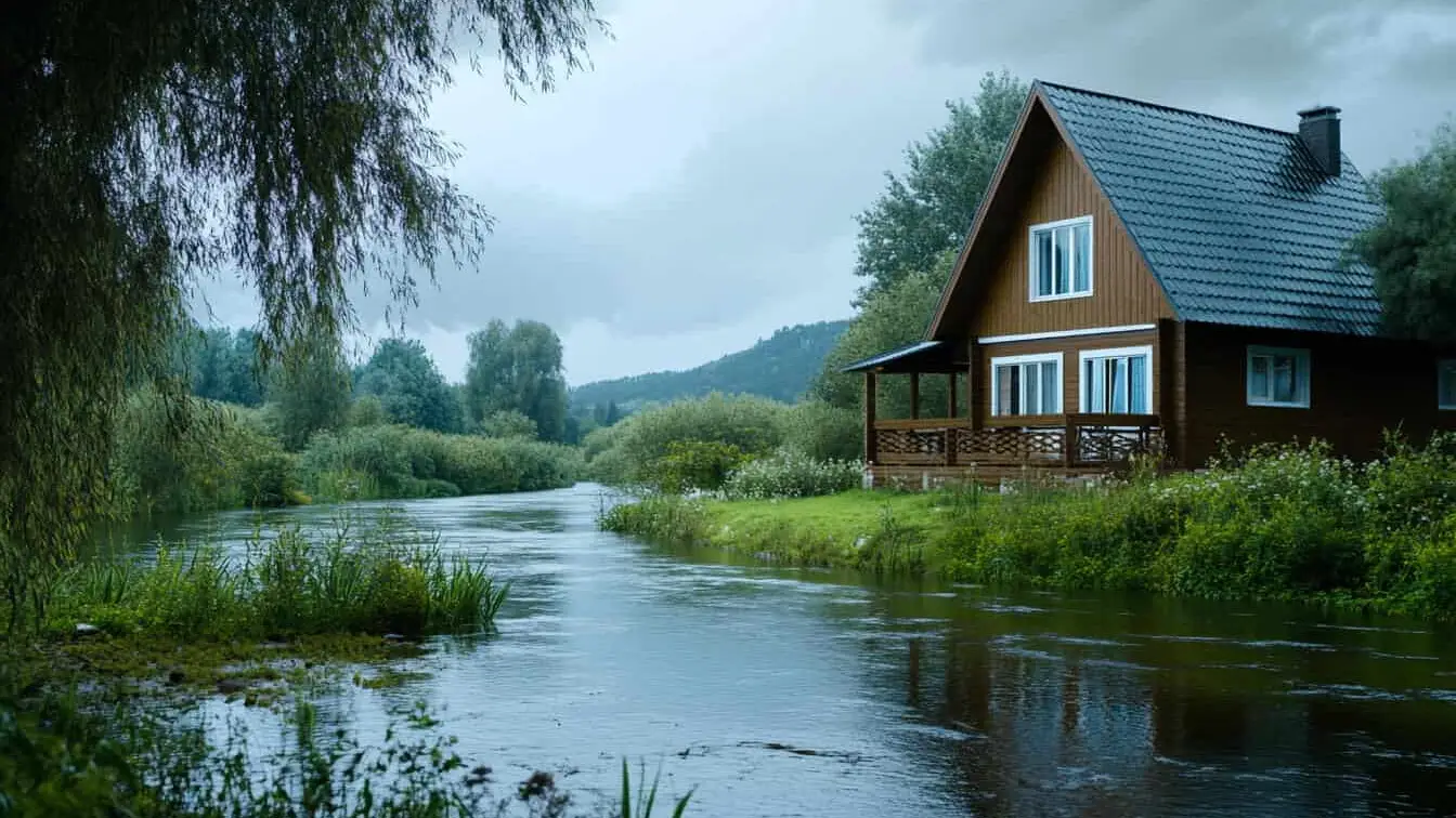 Casă de lemn situată pe marginea unui râu în zonă inundabilă
