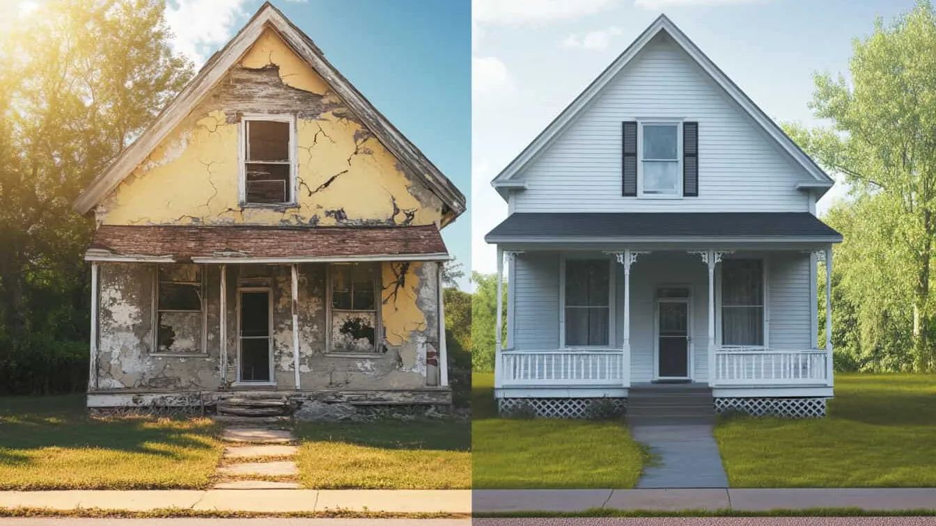 Casă veche și renovată, înainte și după reparații