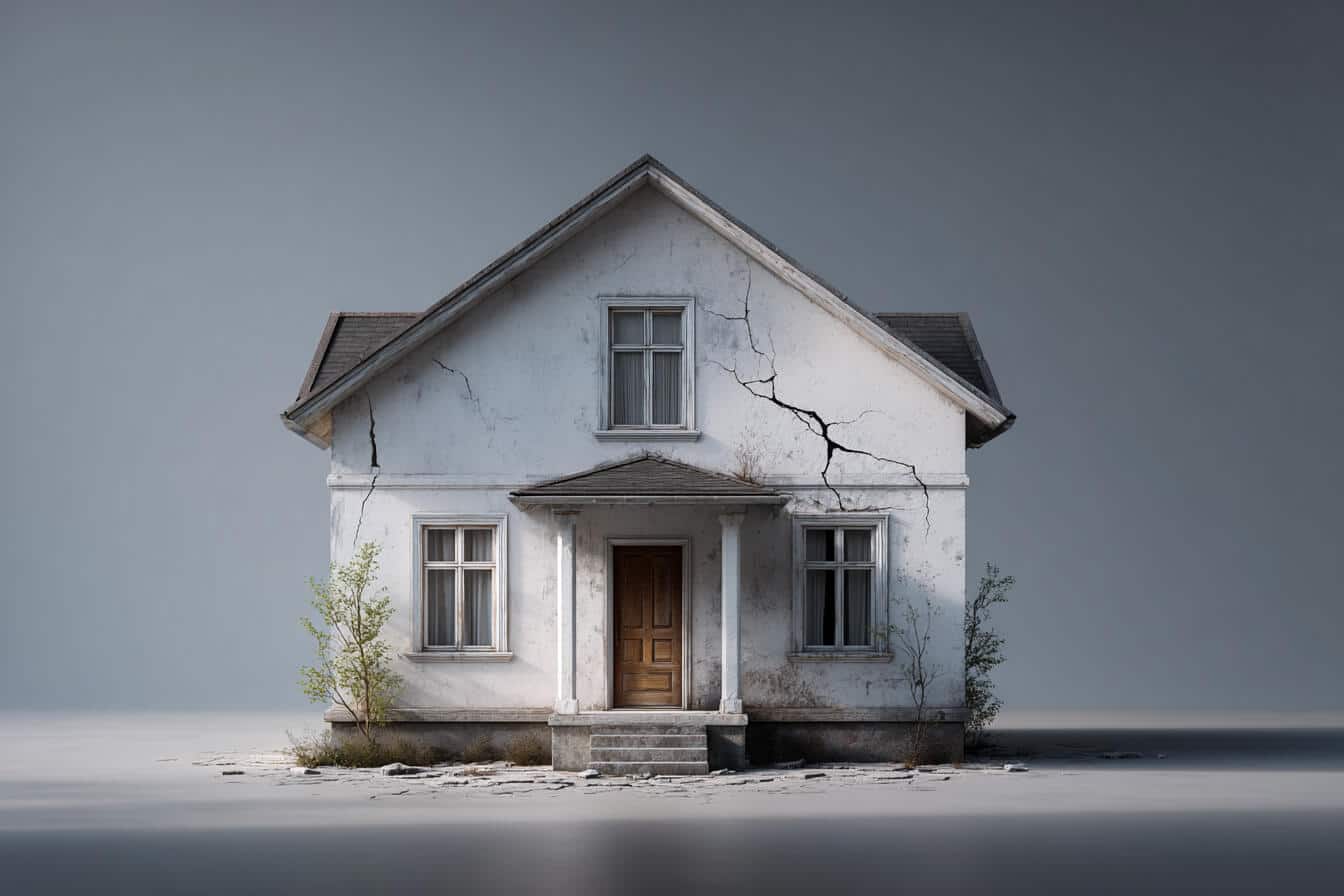 Casa veche cu fisuri vizibile pe fatada si vegetatie rara in jur pe un fundal gri