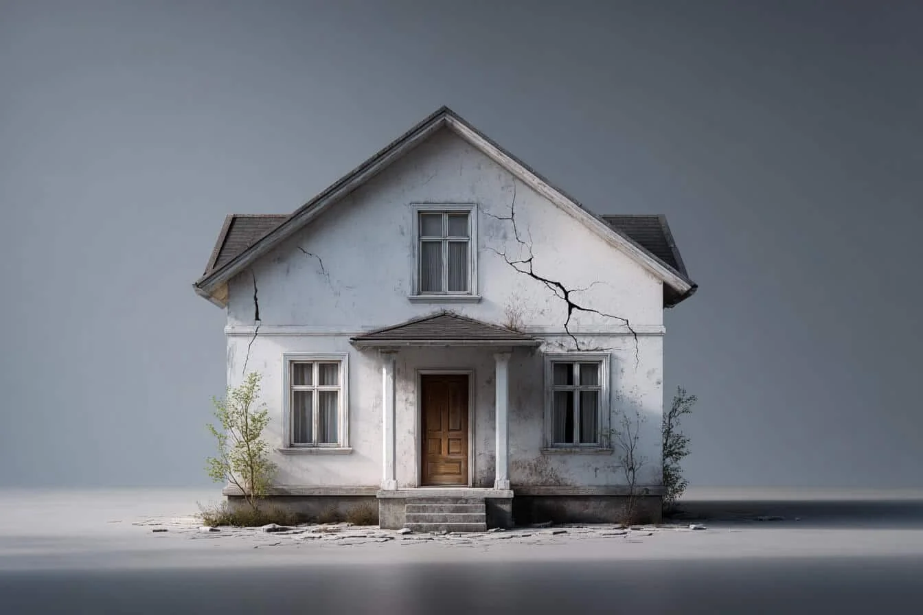 Casa veche cu fisuri vizibile pe fatada si vegetatie rara in jur pe un fundal gri